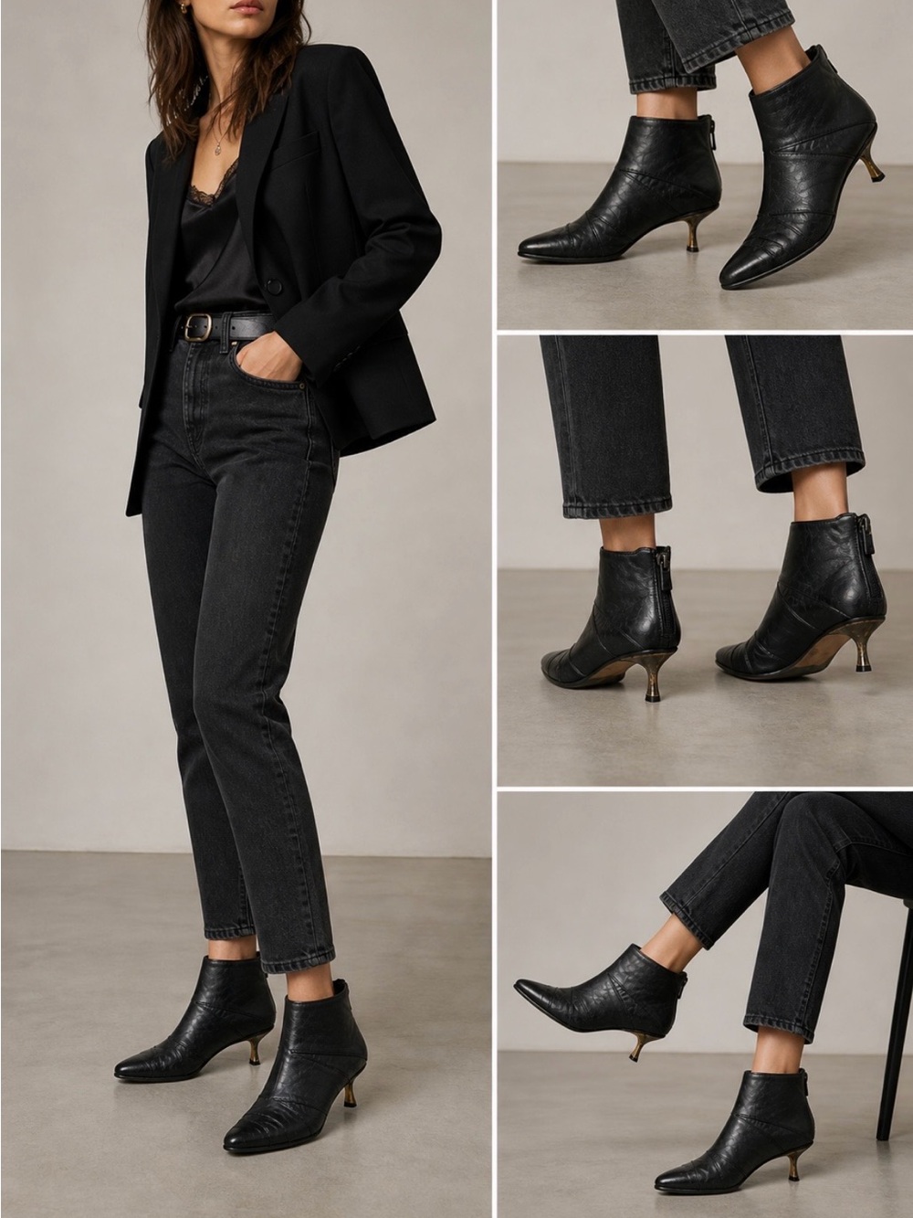 Cydwoq Black Leather Ankle Boots Womens EU 36.5 US 6.5 Brass Sculptural Heel Zip
